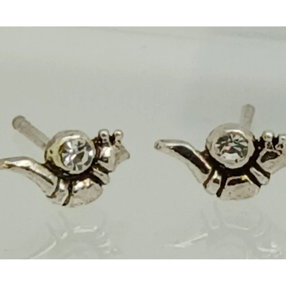 Vintage 1990s Thai Sterling Silver 925 Snail Stud Earrings Crystal Tiny Nature